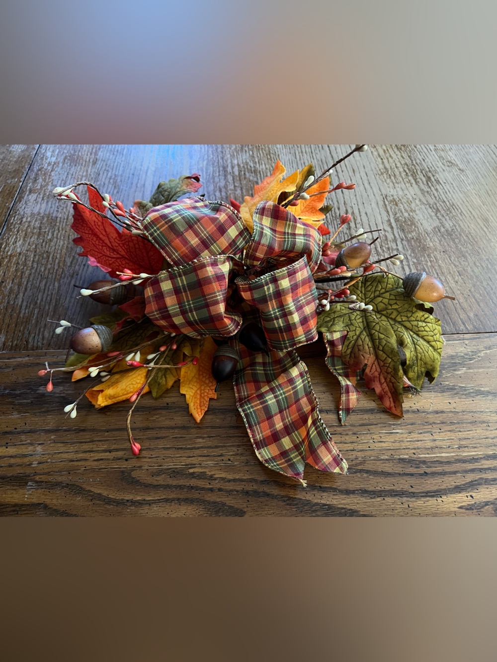 Autumn Lantern Topper by Valerie - Plaid Bow Fall Leaves, Acorns, Pip Berries